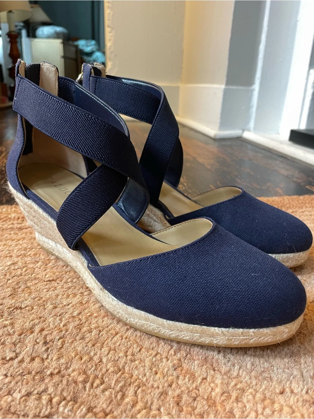 Talbots Navy Espadrille Wedge Sandals with Cross Straps
